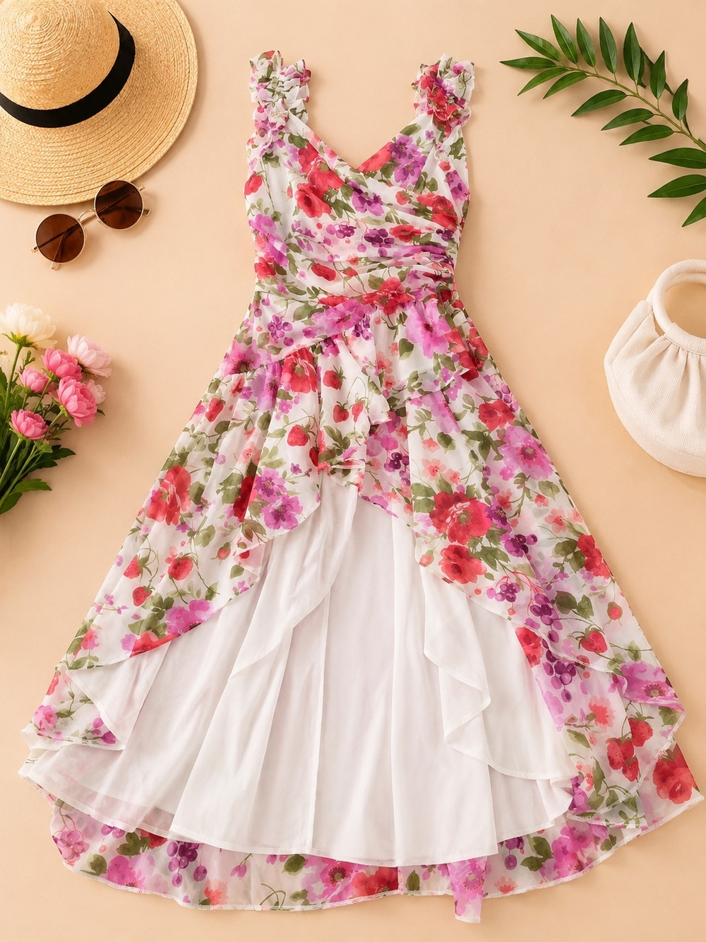 Abercrombie & Fitch White Floral High-Low Dress with Pink & Red Blooms